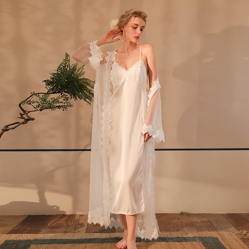 Sheer Mesh Bra - Satynowy szlafrok ślubny z koronką, zestaw